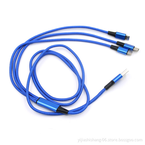 Yijiashishang Brand logo printing braided 3 in 1 USB Charging USB  C Cable with 3 in 1 design charger for iphone and micro usb